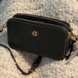 Tory Burch T Monogram Leather Double Zip Mini Crossbody Bag Midnight Navy Blue